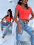 BASIC T-shirt with square neckline - neon orange